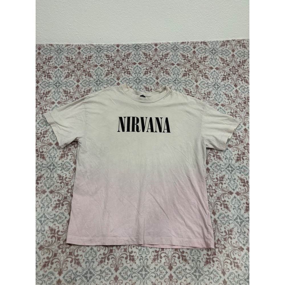 H&M Divided Nirvana Dip Dye Ombre Graphic T-Shirt Pink Cream Large Smiley Logo